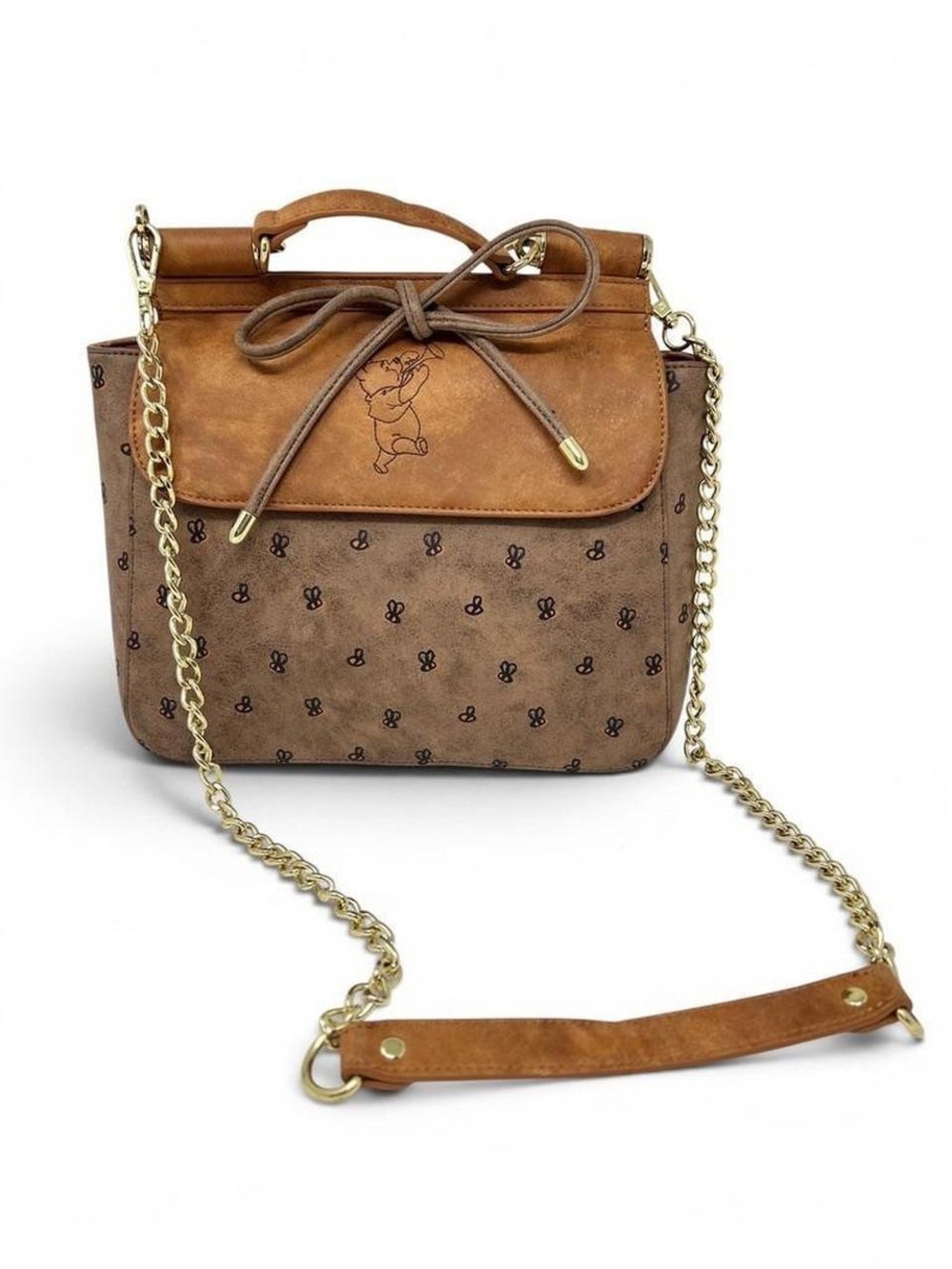 Brown Leatherette Top-Handle Crossbody Bag with Gold Chain